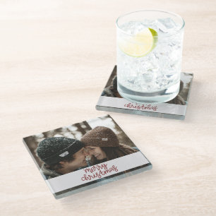 Merry Christmas Couples Photo  Glass Coaster