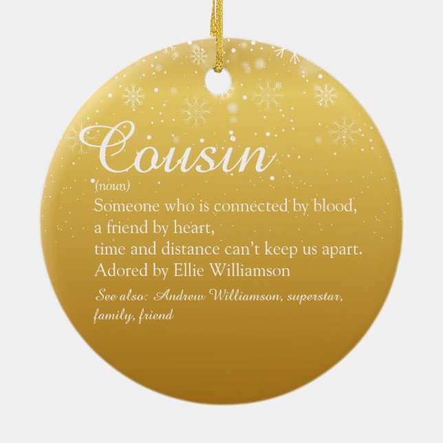 Merry Christmas Cousin Definition Gold Snowflakes Ceramic Ornament (Back)