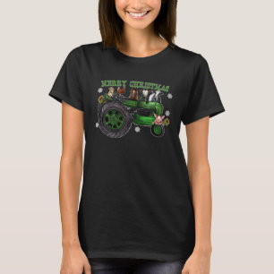 Merry Christmas Cow Farm Animals Green Tractor Far T-Shirt