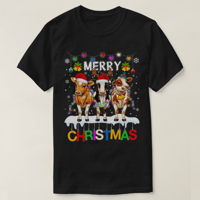 Merry Christmas Cow  Farmer Santa Hat Xmas Lights  T-Shirt (Design Front)