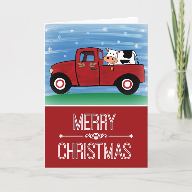 Merry Christmas Cow in a Red Truck Greeting Card (Front)