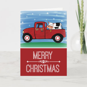Merry Christmas Cow in a Red Truck w/Verse Card