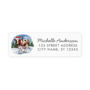 Merry Christmas Cow in Santa Hat Return Address Label