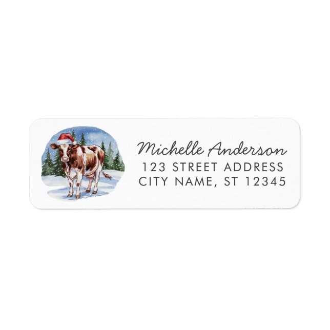 Merry Christmas Cow in Santa Hat Return Address Label (Front)