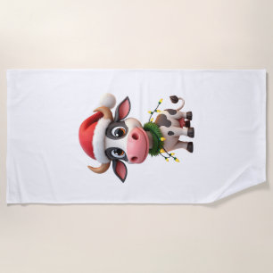 Merry Christmas Cow Santa Christmas Lights Cow Xma Beach Towel