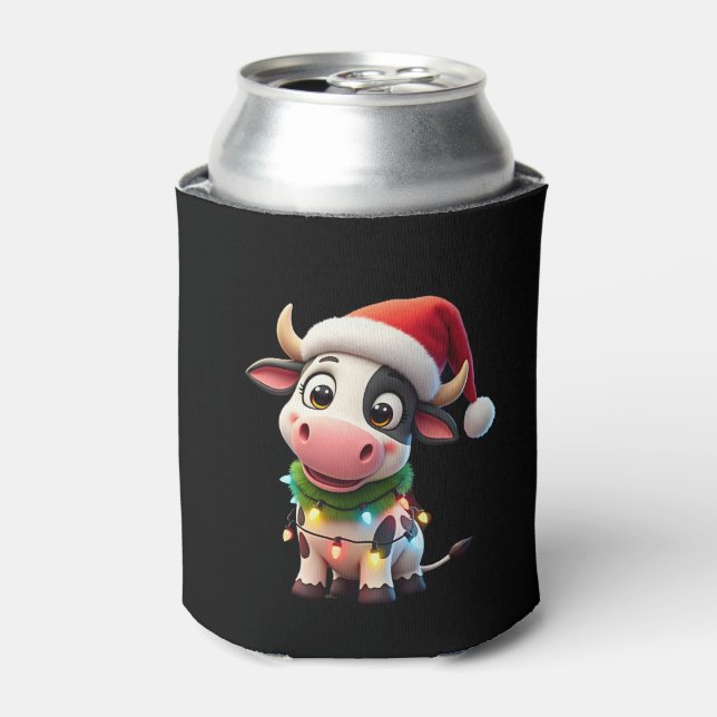 Merry Christmas Cow Santa Christmas Lights Cow Xma Can Cooler (Can Front)