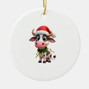 Merry Christmas Cow Santa Christmas Lights Cow Xma Ceramic Ornament
