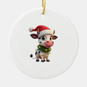 Merry Christmas Cow Santa Christmas Lights Cow Xma Ceramic Ornament