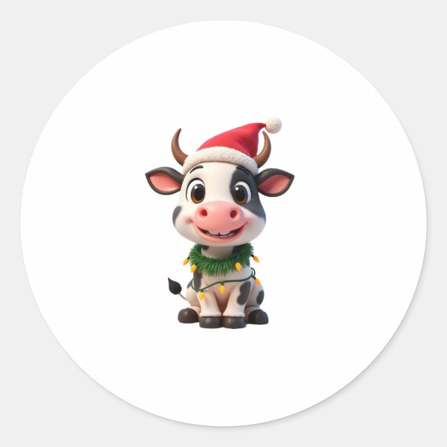 Merry Christmas Cow Santa Christmas Lights Cow Xma Classic Round Sticker (Front)
