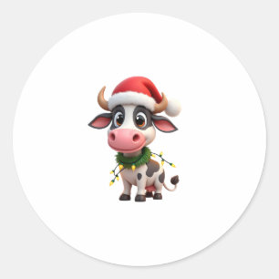 Merry Christmas Cow Santa Christmas Lights Cow Xma Classic Round Sticker