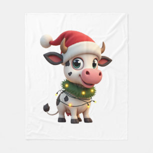 Merry Christmas Cow Santa Christmas Lights Cow Xma Fleece Blanket