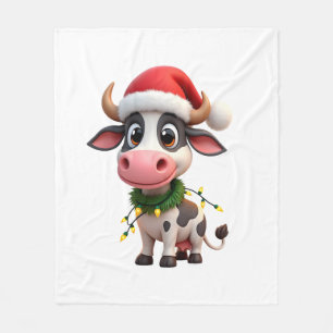 Merry Christmas Cow Santa Christmas Lights Cow Xma Fleece Blanket