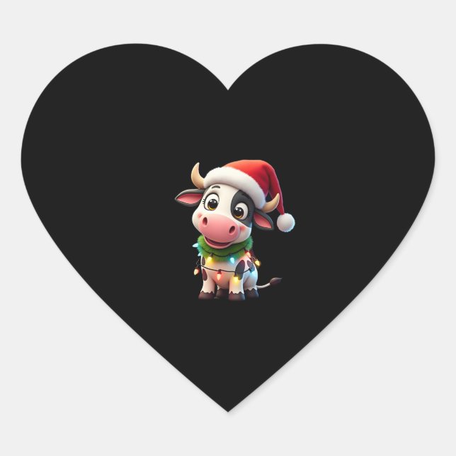 Merry Christmas Cow Santa Christmas Lights Cow Xma Heart Sticker (Front)