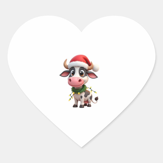 Merry Christmas Cow Santa Christmas Lights Cow Xma Heart Sticker (Front)
