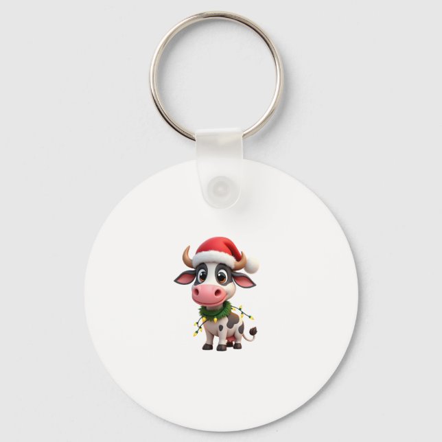 Merry Christmas Cow Santa Christmas Lights Cow Xma Key Ring (Front)