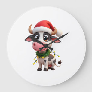 Merry Christmas Cow Santa Christmas Lights Cow Xma Large Clock