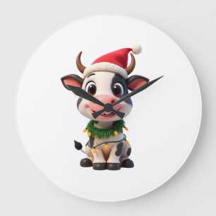 Merry Christmas Cow Santa Christmas Lights Cow Xma Large Clock