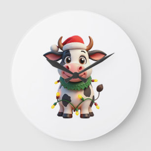Merry Christmas Cow Santa Christmas Lights Cow Xma Large Clock