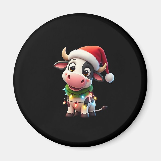 Merry Christmas Cow Santa Christmas Lights Cow Xma Magnet (Front)