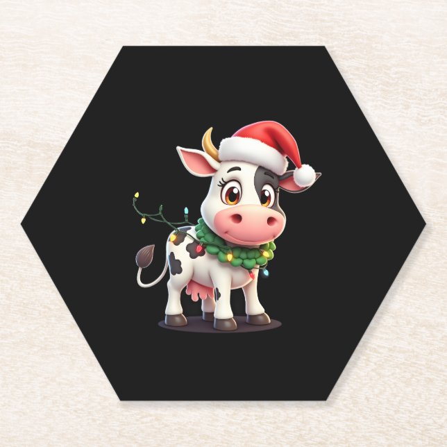 Merry Christmas Cow Santa Christmas Lights Cow Xma Paper Coaster (Front)