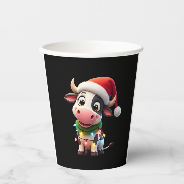 Merry Christmas Cow Santa Christmas Lights Cow Xma Paper Cups (Front)