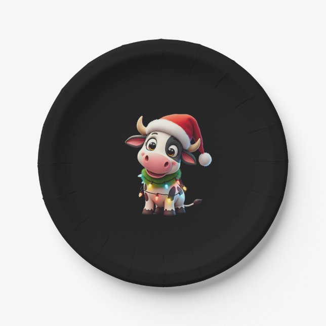 Merry Christmas Cow Santa Christmas Lights Cow Xma Paper Plate (Front)