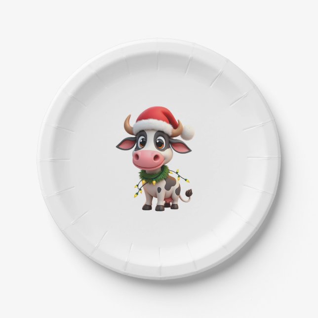 Merry Christmas Cow Santa Christmas Lights Cow Xma Paper Plate (Front)