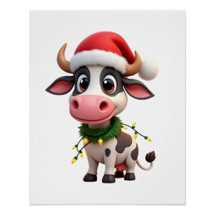 Merry Christmas Cow Santa Christmas Lights Cow Xma Poster