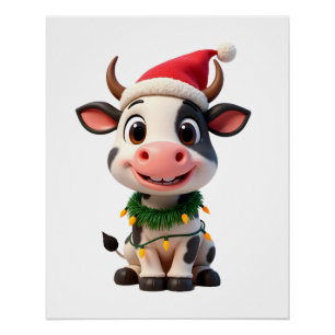 Merry Christmas Cow Santa Christmas Lights Cow Xma Poster