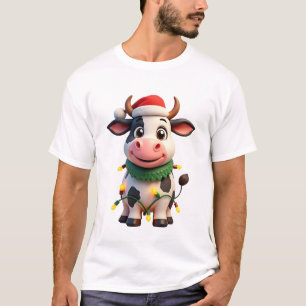 Merry Christmas Cow Santa Christmas Lights Cow Xma T-Shirt