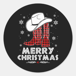 Merry Christmas Cowboy Boots Red Buffalo Plaid Wes Classic Round Sticker