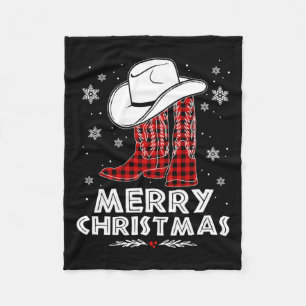 Merry Christmas Cowboy Boots Red Buffalo Plaid Wes Fleece Blanket