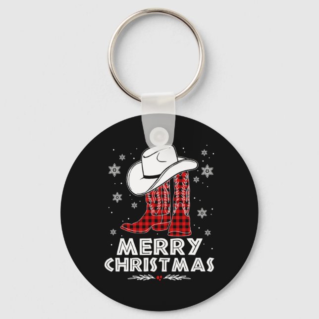 Merry Christmas Cowboy Boots Red Buffalo Plaid Wes Key Ring (Front)