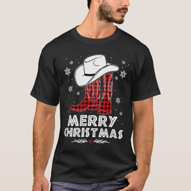 Merry Christmas Cowboy Boots Red Buffalo Plaid Wes T-Shirt (Front)