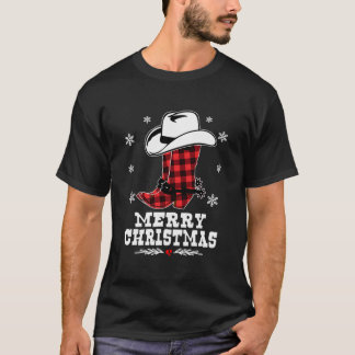 Merry Christmas Cowboy Boots Red Buffalo Plaid Xma T-Shirt
