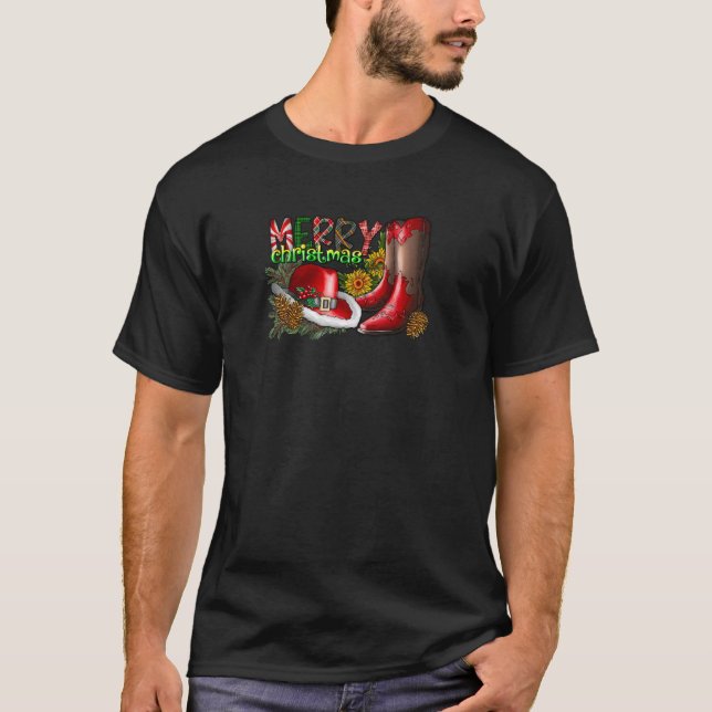 Merry Christmas Cowboy Santa Hat Sunflower Rodeo C T-Shirt (Front)