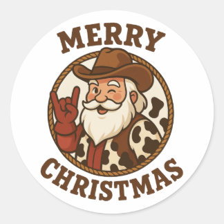 Merry Christmas Cowboy Santa Retro Western Classic Round Sticker