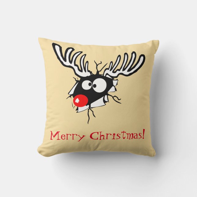 Merry Christmas! Crazy Red Nosed Reindeer Cushion (Front)