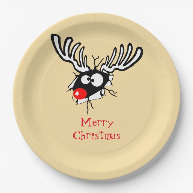 Merry Christmas! Crazy Red Nosed Reindeer Paper Plate (Front)