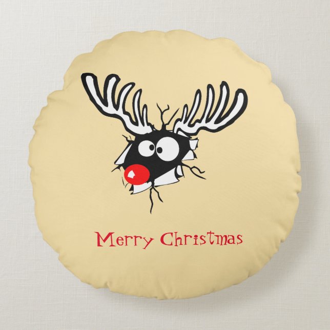 Merry Christmas! Crazy Red Nosed Reindeer Round Cushion (Front)