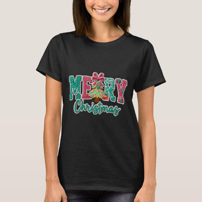 Merry Christmas Crochet Xmas Tree Pyjamas Holiday  T-Shirt (Front)