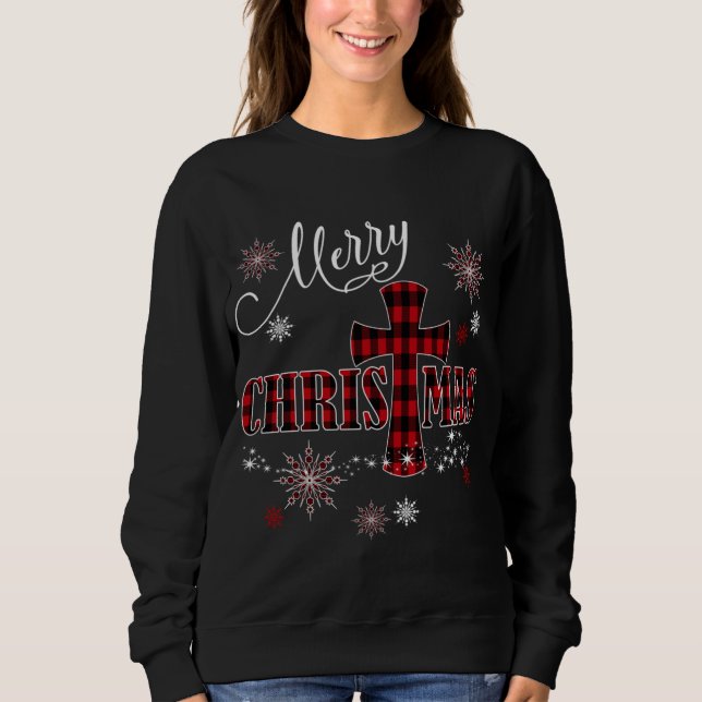 Merry Christmas Cross Buffalo Plaid Christian Holi Sweatshirt (Front)