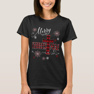 Merry Christmas Cross Buffalo Plaid Christian Holi T-Shirt