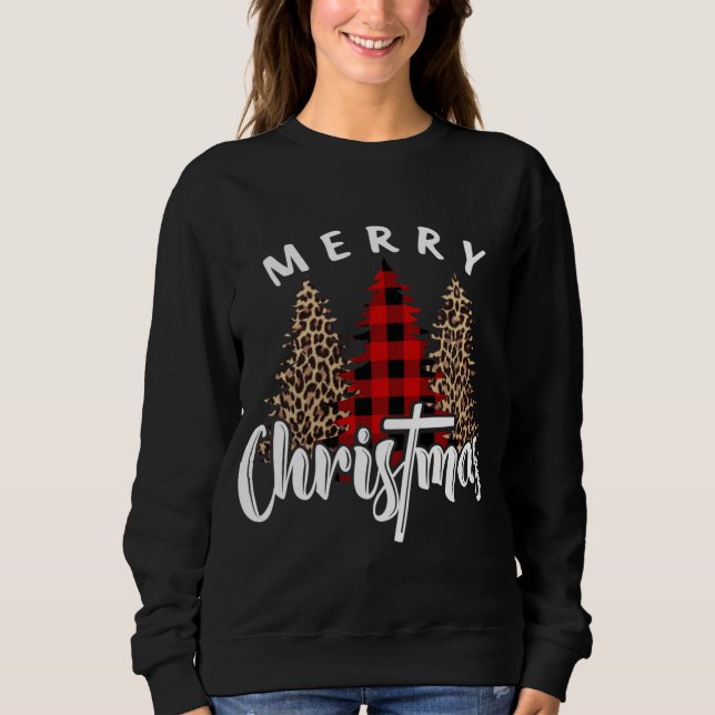 Merry Christmas Cross Buffalo Plaid Leopard Print  Sweatshirt (Front)