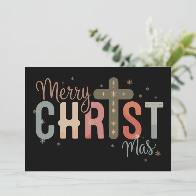 Merry Christmas Cross Religious Christian Family  Holiday Card (Standing Front)
