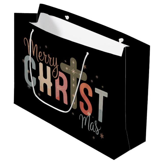 Merry Christmas Cross Religious Christian Family  Large Gift Bag (Front Angled)