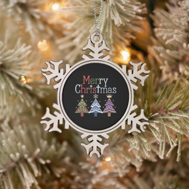 Merry Christmas Cross Xmas Tree Retro Snowflake Pewter Christmas Ornament (Tree)