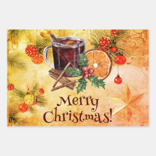 Merry Christmas Cup Orange Holly Berry Cinnamon Wrapping Paper Sheet