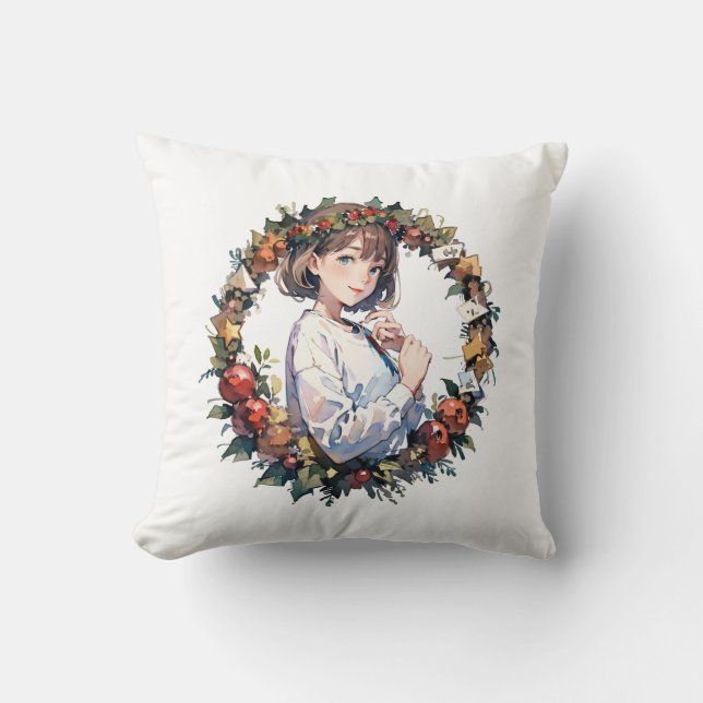Merry Christmas cushion with wreath and cute chara (Front)