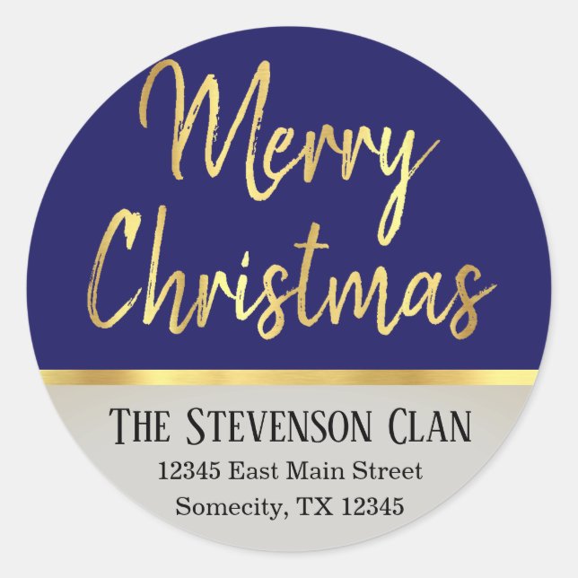 Merry Christmas | Custom Blue and Gold | Address Classic Round Sticker (Front)